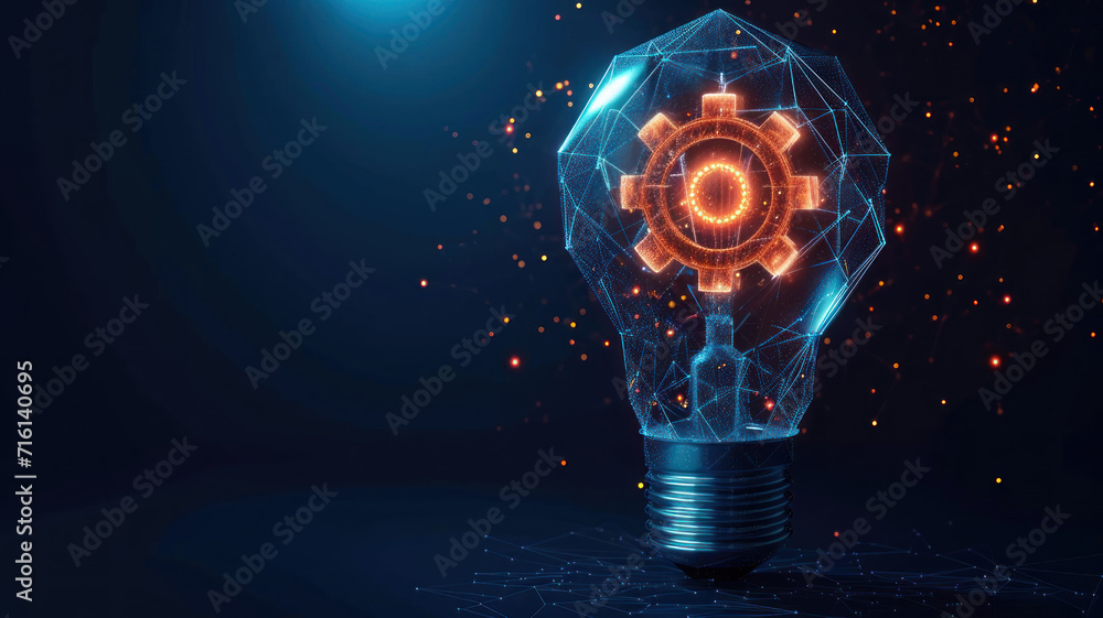 Abstract low-poly light bulb gears inside. The Internet Technology triangle icon concept - obrazy, fototapety, plakaty 