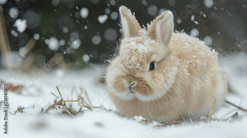 Closeup of a chubby bunny its fluffy coat resembling freshly fallen snow as it hops through the winter landscape