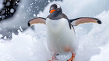 Closeup of a Gentoo penguin coming to a stop after a long sliding journey its feet dragging behind it in a trail on the ice. Its expression is one of pure delight with it