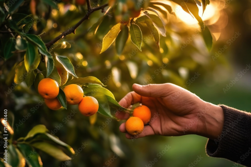 Close up hand of a person picking oranges from tree. Close up hand of a person picking oranges from tree.
