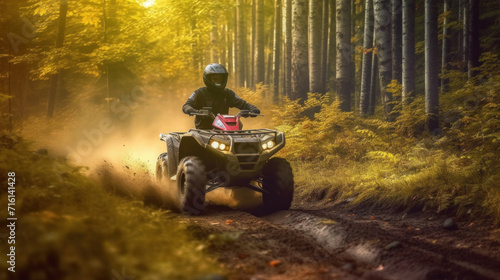 ATV speeding through forest.