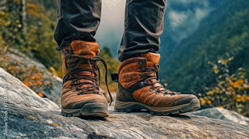 Close up of hiking boots, A mountain climber.
