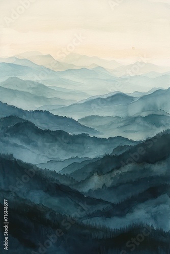 watercolor painting of blue mountains on textured paper  adorned with neutral muted colors and a captivating emerald green monochrome scheme