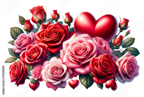 Bouquet of red roses with heart on Transparent Background. Valentine s Day Clipart.