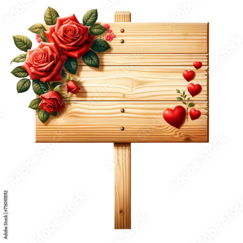 Wooden Signs with Flowers and heart on Transparent Background. Valentine's Day Wooden Signs Clipart.