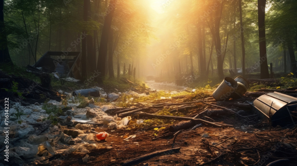Garbage in beautiful forest. destroyed nature Garbage in beautiful forest. destroyed nature
