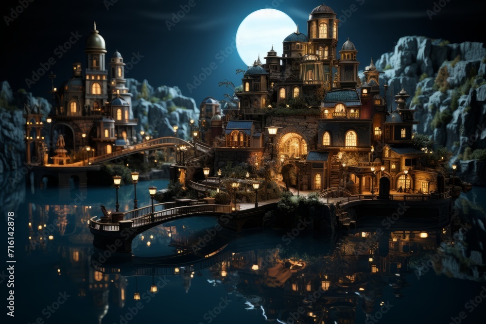 Enchanting Miniature City at Dusk, on an isolated Twilight Blue background, Generative AI
