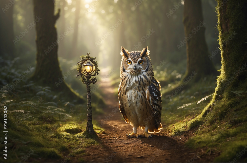 An owl perched by a rustic lamp post in the enchanting forest at sunset An owl perched by a rustic lamp post in the enchanting forest at sunset