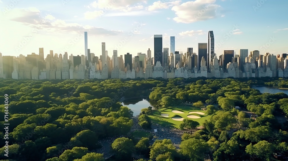 Obraz premium Aerial Helicopter Footage Over Central Park with Nature, Trees, People