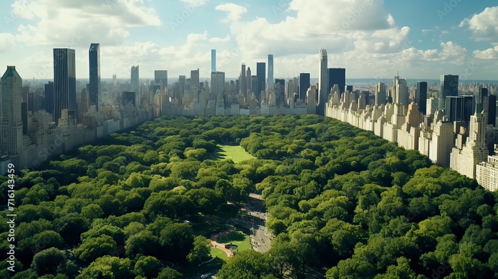 Fototapeta premium Aerial Helicopter Footage Over Central Park with Nature, Trees, People