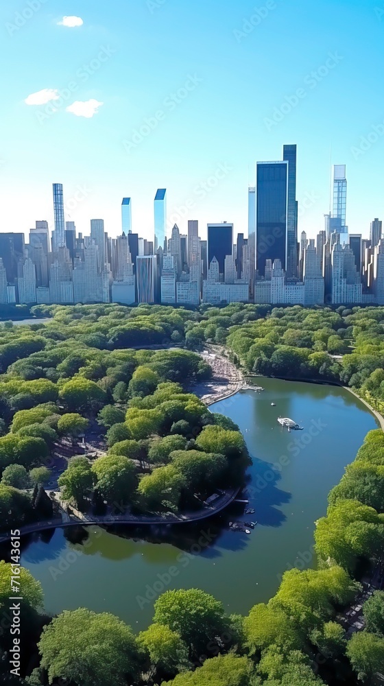Fototapeta premium Aerial Helicopter Footage Over Central Park with Nature, Trees, People