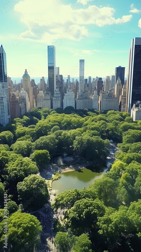 Fototapeta premium Aerial Helicopter Footage Over Central Park with Nature, Trees, People