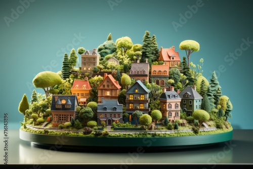 Lively Mini World with Colorful Buildings, on an isolated Meadow Green background, Generative AI