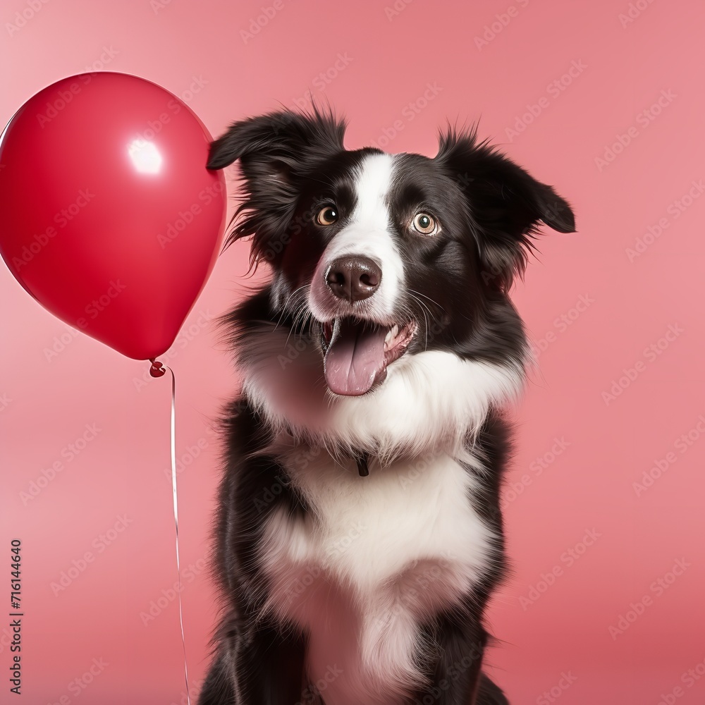 Adorable border collie dog with heart shape balloon isolated, love and romance, Valentine's Day concept.