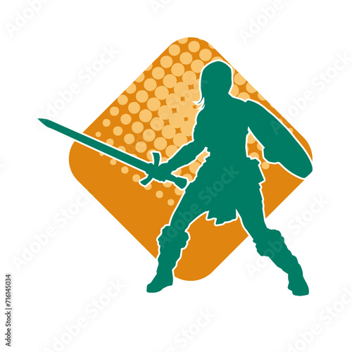 Silhouette of a female fighter in action pose carrying sword weapon.