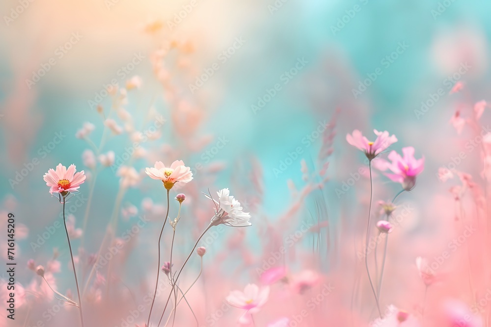 An ethereal display of delicate flowers in a dreamy pastel setting evokes a sense of calm and serenity - obrazy, fototapety, plakaty 