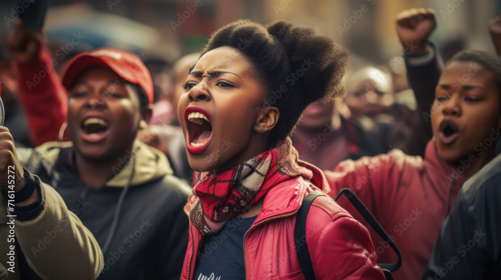 African American woman screams at a protest. Fight for your rights, demonstration and strike. African American woman screams at a protest. Fight for your rights, demonstration and strike.