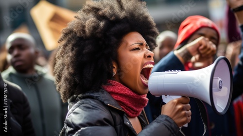 African American woman screams at a protest. Fight for your rights, demonstration and strike. © Restyler