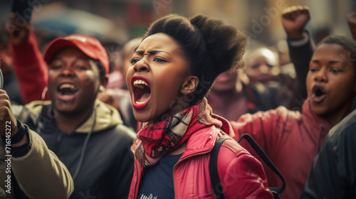African American woman screams at a protest. Fight for your rights, demonstration and strike.