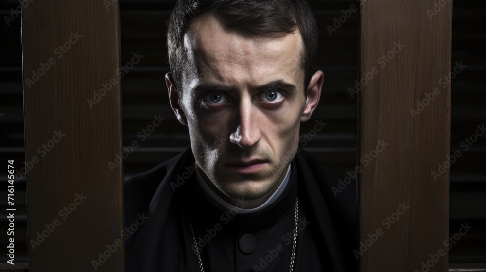 Fototapeta premium A maniac criminal dressed as a Catholic priest. Religion, crimes.