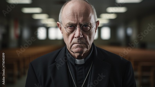 The judgmental look of a Catholic priest. A 50-year-old man looks at him with disapproval. Religion and moral dilemma. photo