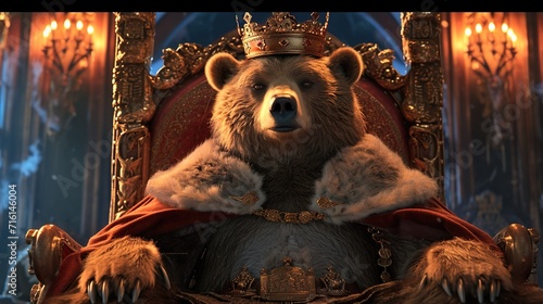 A picture of a bear wearing a crown and sitting on a throne, imagining itself as the king, generative ai photo