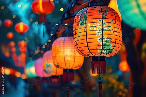 Illuminated Beauty A Vibrant Display of Traditional Asian Lanterns Adorned with Floral Patterns, Lighting Up the Night © photobuay