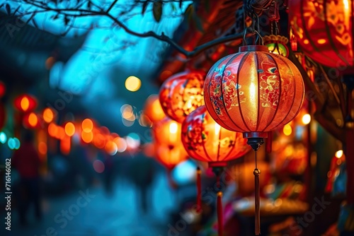 Illuminated Red Lanterns Adorn a Bustling Street During an Evening Festival, Capturing the Essence of Cultural Celebrations and Traditional Decor