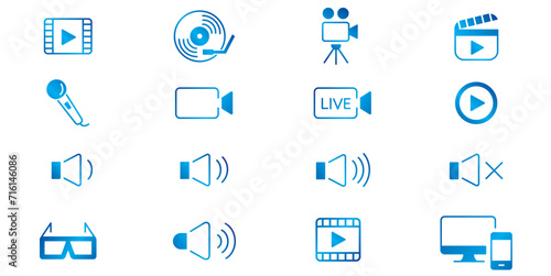 Content line icons editable set vector. Music Camera Audio Volume Video CD Record Media Microphone Webcam Television Cinema
