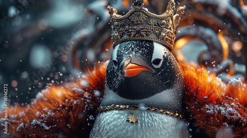 A picture of a penguin wearing a crown and sitting on a throne, imagining itself as the king, generative ai photo