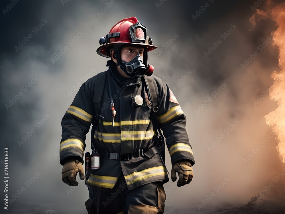 Brave Firefighter in Gear Amidst Smoke and Flames, Emergency Response Brave Firefighter in Gear Amidst Smoke and Flames, Emergency Response