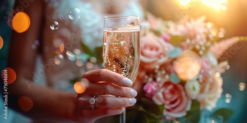 Bride's hands holding a glass of champagne, engagement ring sparkling. Out of focus bubbles and bouquet captured for an elegant, magical shot. Lit with a diffused strobe for an airy feel generative ai