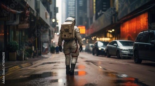 A man in a space suit walks through an empty city. Environmental issues. © Restyler