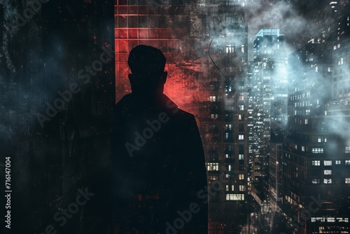 Man standing on building with cory buildings in the background dark night photography  © Hassan