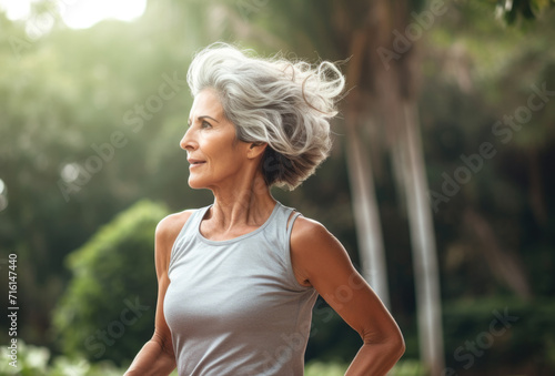 An attractive fifty-year-old woman plays sports and runs in a city park in the summer. Fighting excess weight, active lifestyle, losing weight.
