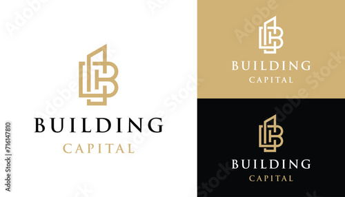 Golden Initial Letter BC C B CB with simple Geometric Building Line Art Logo Design
