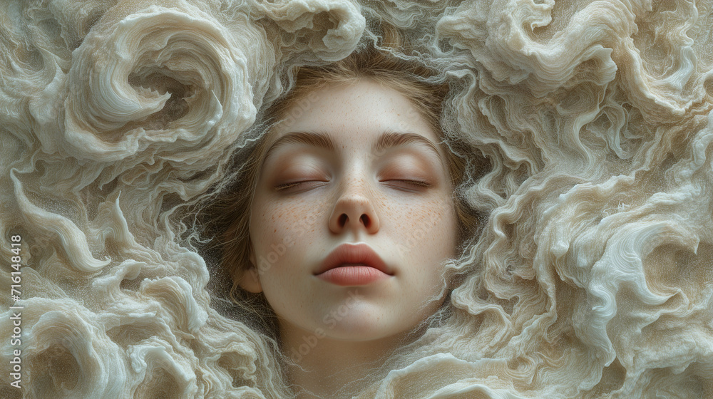 Fototapeta premium Captivating image a close up woman's face decorated with a fur. Surrealistic artwork. The intricate details, and utilize soft lighting. The magical and dreamlike ambiance.