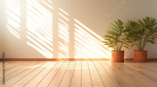 Room interior empty living room background with sunlight and shadows. Mockup wood and parquet floor with Generative Ai.