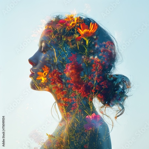Side profile female face and a colorful bouquet of flowers, double exposure portrait.