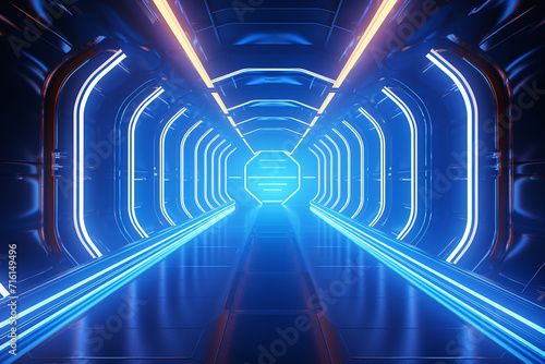 Generative AI Image of Futuristic Tunnel Passage with Blue Neon Lights © heartiny