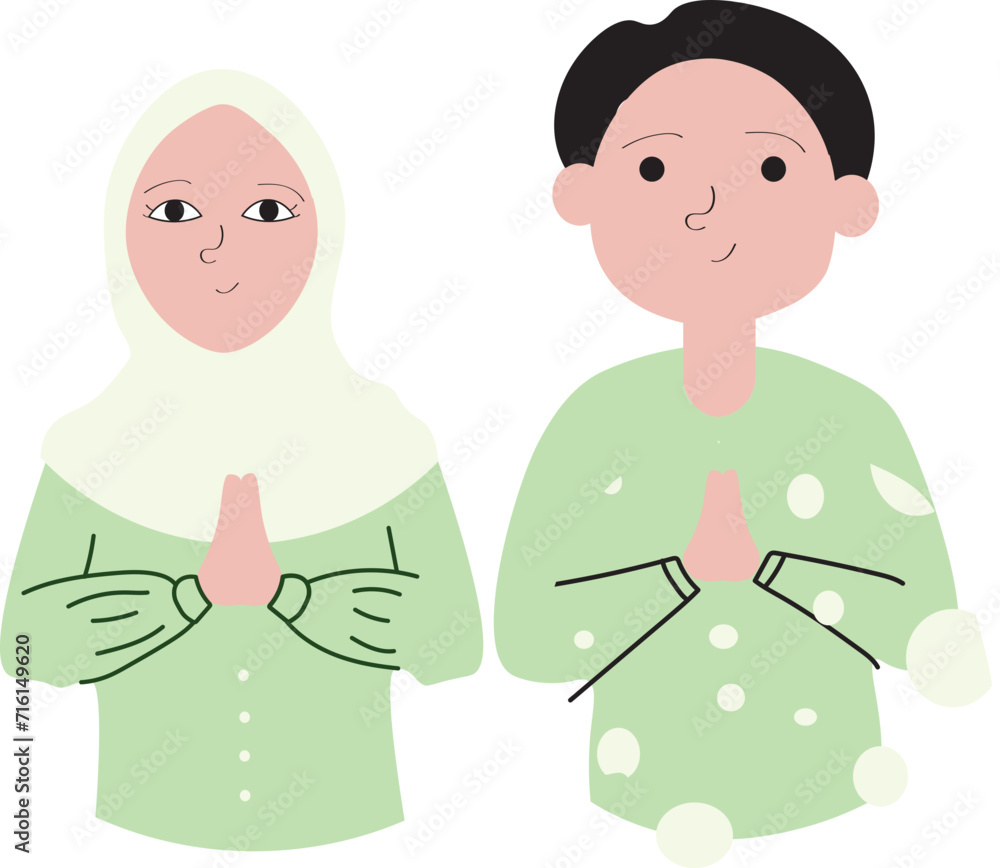 Happy Muslim people celebrate Holy Month Ramadhan, Eid Mubarak greeting, set flat vector modern illustration Happy Muslim people celebrate Holy Month Ramadhan, Eid Mubarak greeting, set flat vector modern illustration