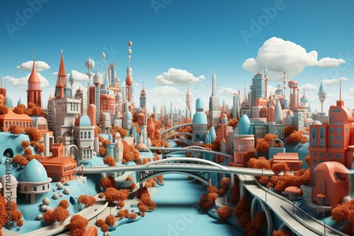 Vibrant Mini City with Tiny Bridges, on an isolated Aqua Blue background, Generative AI