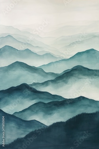 watercolor painting of blue mountains on textured paper, adorned with neutral muted colors and a captivating emerald green monochrome scheme