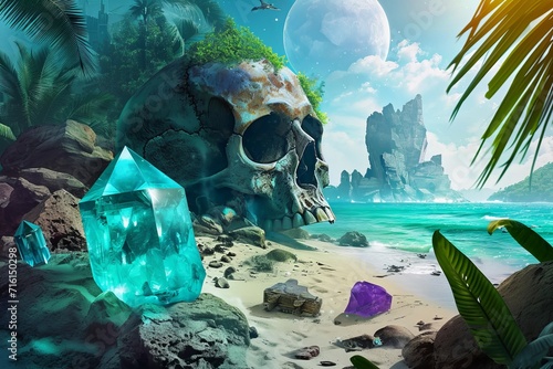 pirate skeleton island with crystals treasure map