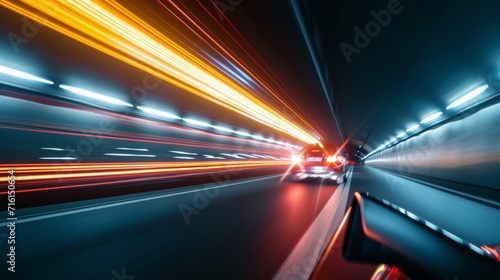Closeup of car headlights creating a trail of light as it speeds through a dark tunnel. The contrast between the bright lights and the surrounding shadows is striking