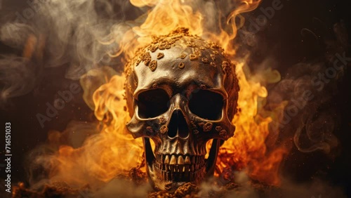 The skull burns in the fire and glows with billowing smoke, a seamless loop video background