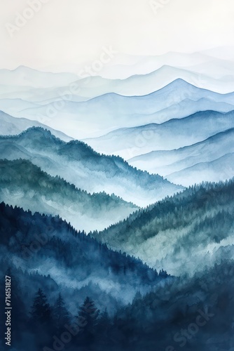Watercolor painting of blue mountains on textured paper, adorned with neutral muted colors and a captivating emerald green monochrome scheme. 