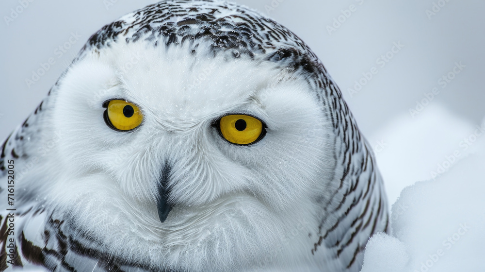 Obraz premium Closeup of a snowy owls piercing yellow eyes glistening against the white backdrop of its snowy habitat