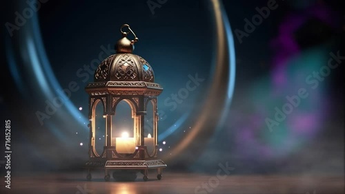 Islamic candle lantern at night with moon and stars. Video of Ramadan Background with Shimmering Glittering Particles with Bokeh. photo
