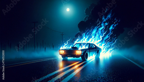 Car with blue flames on a deserted road at night  style 8bits.
